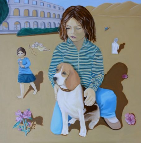 Desert, children, girls, dog, colosseum, angel, flowers
