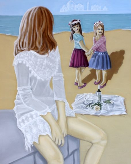 Sandy beach, children, girls, women, fata morgana