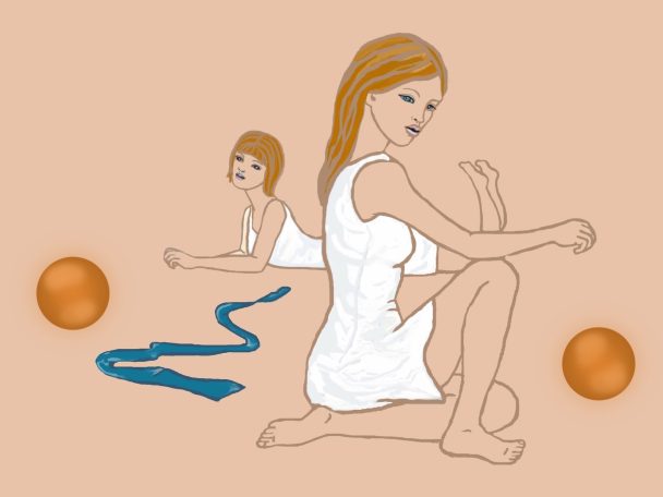 Portrait, women, riboon, balls