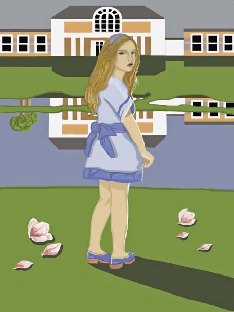Portrait, girl, flowers, house, reflection