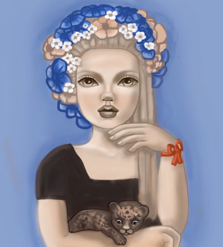 Portrait, panther, girl, family, flower wreath